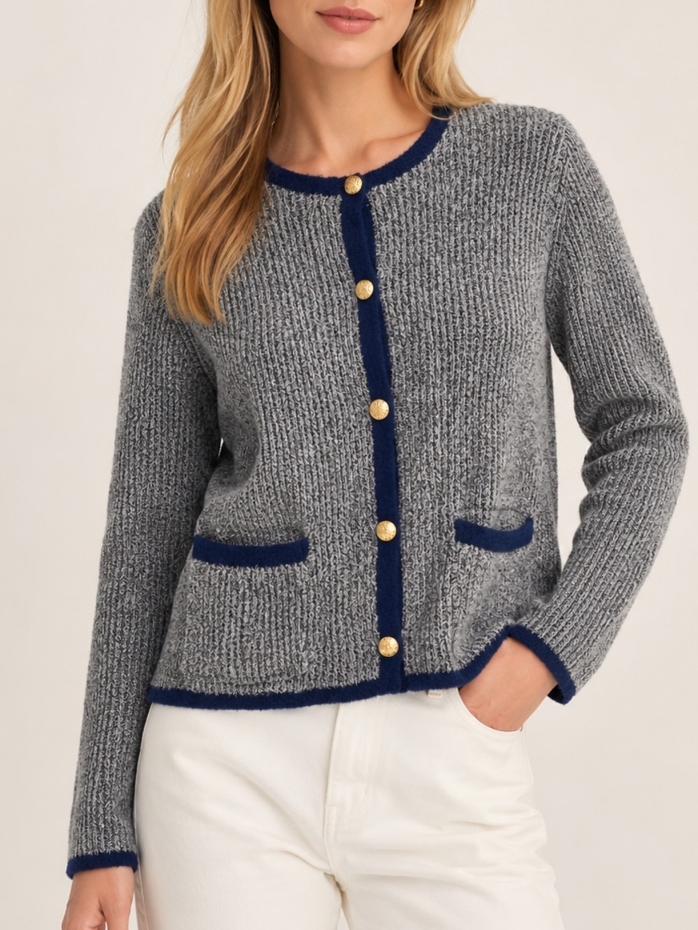J. McLaughlin Textured Fuzzy Knit Cardigan Size L Gray Navy Trim Gold Buttons
